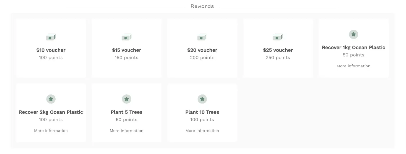 Image shows the landing page for REN Skincare’s loyalty program, which uses “game cards” to match dollar amounts with numbers of points. Customers can also opt to donate their points toward an environmental action, such as planting trees or recovering plastic from the ocean.
