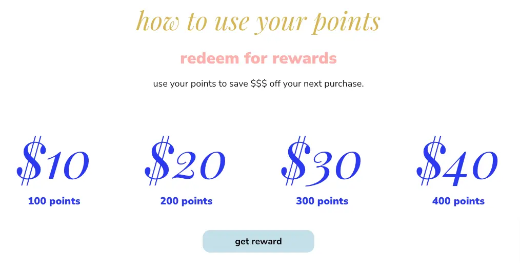 Image shows the breakdown of how athleisure and lingerie brand LIVELY allows loyalty program members to redeem their points for money off their next purchase: $10 for 100 points, $20 for 200 points, $30 for 300 points, and $40 for 400 points.