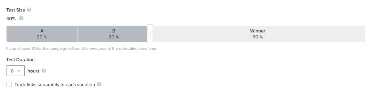 Choose the test size and duration. Klaviyo will suggest a smart test size based on your campaign.