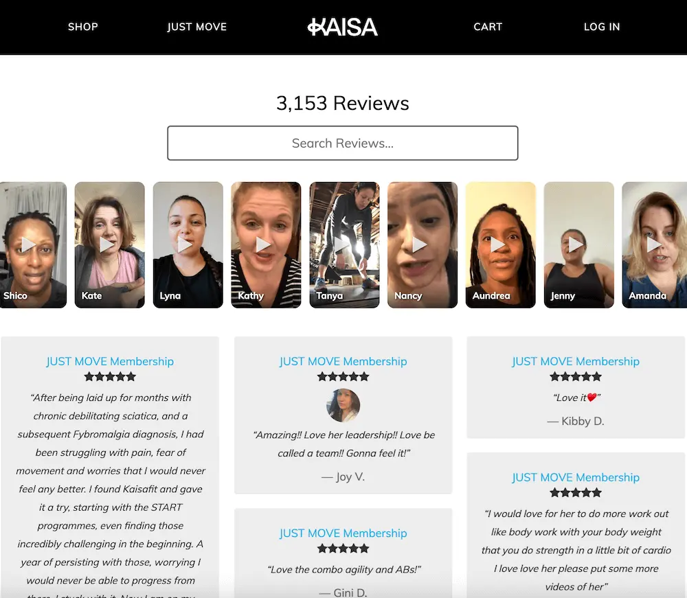 mage shows the reviews page of the KaisaFit website, with a row of video reviews across the top and text reviews with star ratings further down. There is also a search bar at the top of the webpage where viewers can search reviews for key words or phrases.