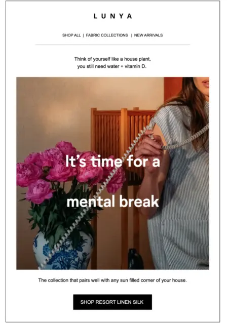 Lunya promotes their resort linen silk with empathetic language pertaining to the pandemic: "It's time for a mental break"
