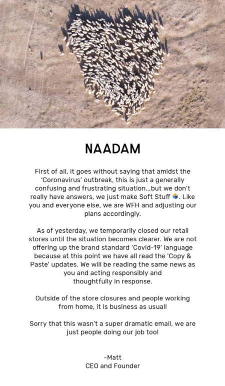 Naadam communicates with customers unique to their brand voice and tone.