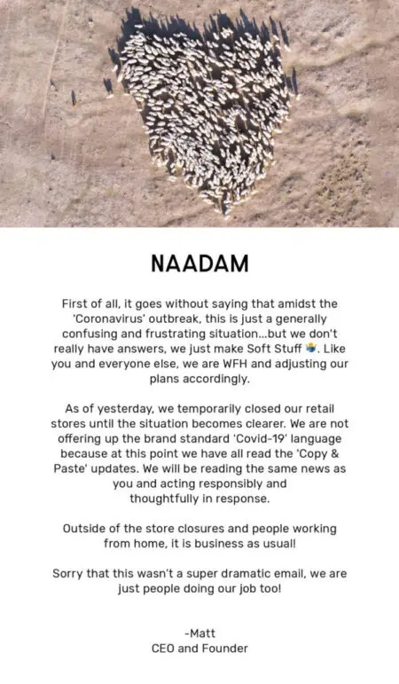 Naadam communicates with customers unique to their brand voice and tone.