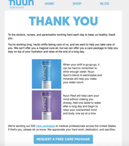 Nuun's email outlines how they're giving back to medical professionals with care packages.