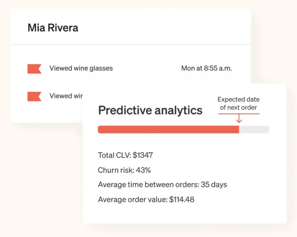 Image shows a customer profile in the back end of Klaviyo, including customer behavior data like when they last viewed a product and their average time between orders. Next to that is a summary of predictive analytics about that profile, including their churn risk and expected date of next order.