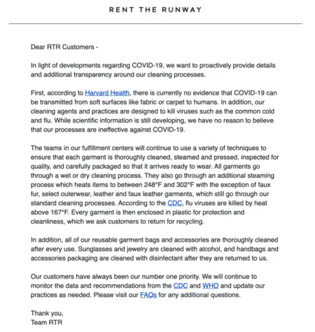 Rent the Runway's email provides details and additional transparency around the cleaning process for their rental garments.