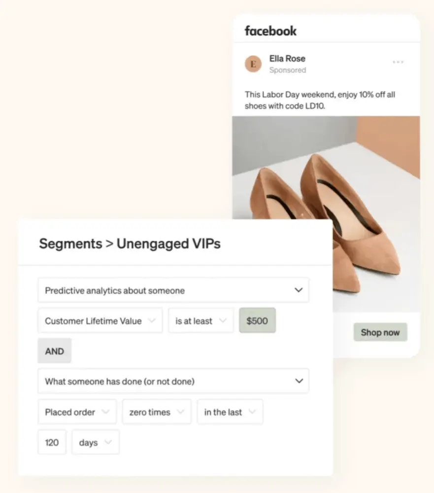 Image shows an example of a segment you can create in the back end of Klaviyo called “Unengaged VIPs,” based on a predicted customer lifetime value (CLTV) of at least $500 and the conditions that the person has placed an order zero times in the last 120 days. Next to the segment dashboard is an example of an email that might go out to this segment, with a product photo and a message that reads, “This Labor Day weekend, enjoy 10% off all shoes with code LD10.”