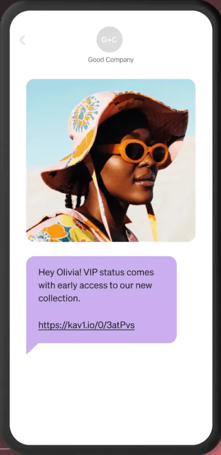 Image shows an example of a VIP text message offering early access to a new product collection.