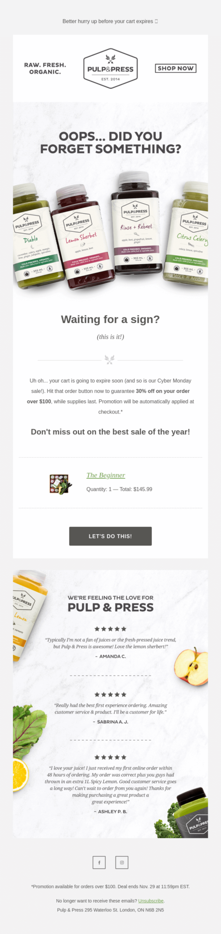 email with different juice options from pulp and press