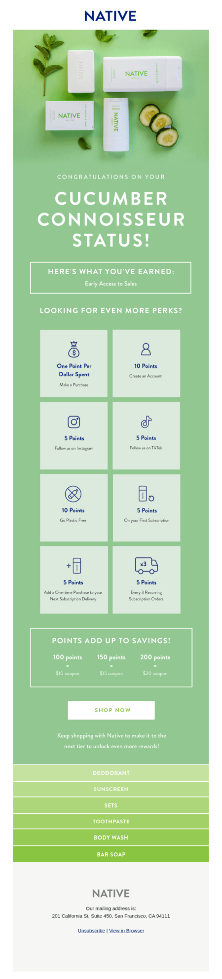 perks listed out for people who like the native cucumber deodorant