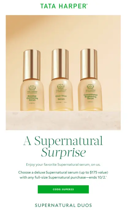 Image shows a digital marketing effort by Tata Harper, showing 3 bottles of skincare, some text, an offer, and a green CTA button.