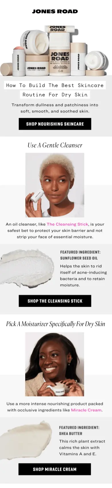 Image shows a marketing email from Jones Road Beauty that follows several CTA hierarchy best practices.