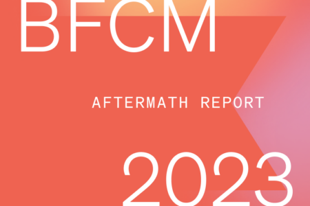 Image shows white font on a salmon background with the Klaviyo flag outlined. The text reads: "BFCM aftermath report 2023"