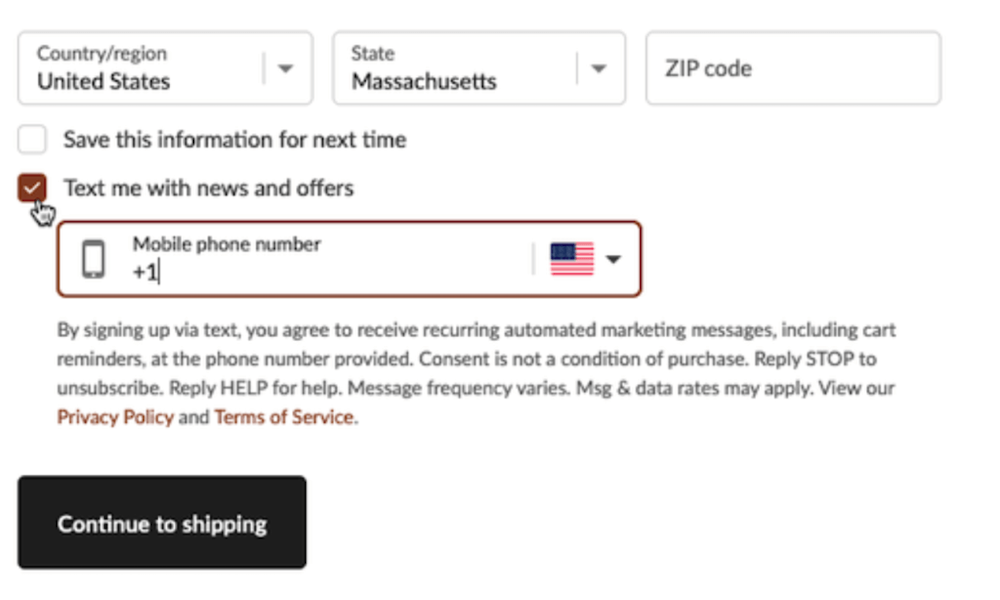 Image shows an example of a check-out screen that gives consumers the option to check a box called “Text me with news and offers” and input their phone number in order to receive SMS marketing.