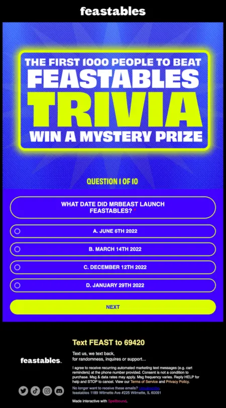 Image shows a trivia-themed email from Feastables that’s sure to get the reader’s attention and entertain the target audience.