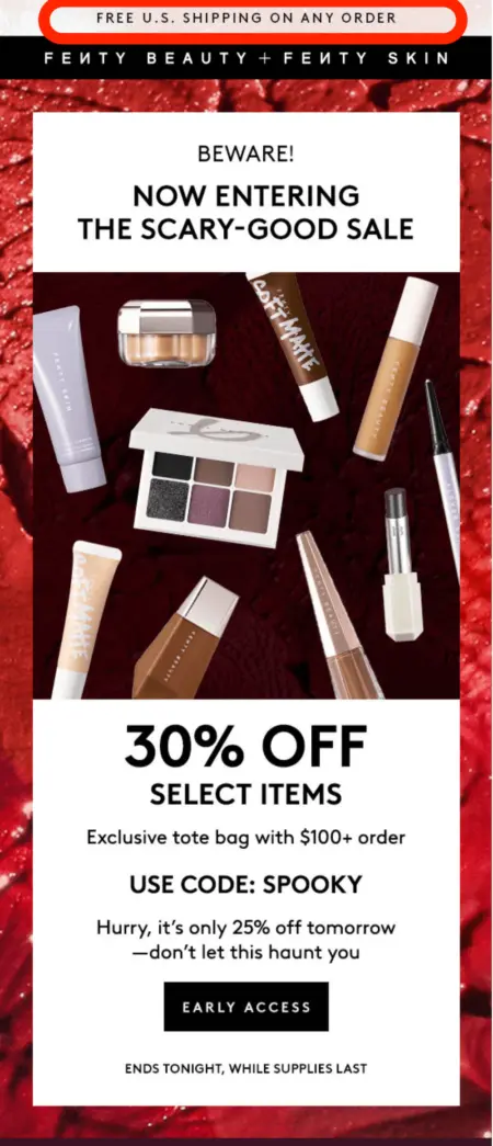 Image shows a marketing email from Fenty with the header components circled in red.