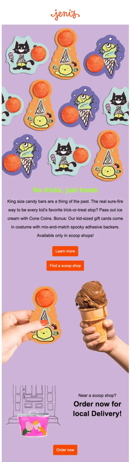 Image shows a marketing email from Jeni’s with a purple color palette and plenty of copy. The call to action button is bright orange.
