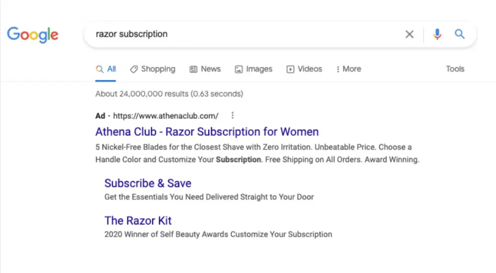 Image shows a Google search result for the phrase “razor subscription,” with an Athena Club ad at the very top. The metatitle of the ad reads, “Athena Club - Razor Subscription for Women.”