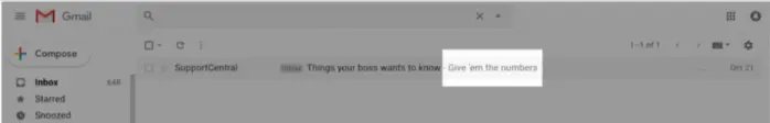 Image shows a screenshot of a Gmail inbox with the preview text of an email highlighted. The email is from sender name “SupportCentral,” the subject line reads “Things your boss wants to know,” and the preview text reads “Give ‘em the numbers.”