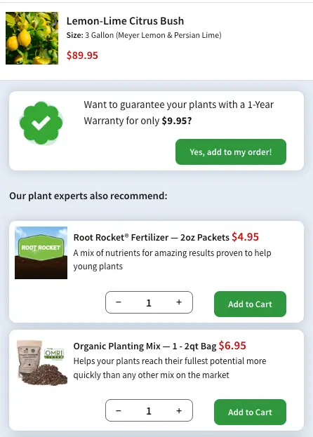 Image shows a cart on the FastGrowingTrees website, which contains a lemon-lime citrus bush. Beneath the cart is another section that reads, “Our plant experts also recommend” and contains two complementary products for the citrus bush: fertilizer and organic planting mix.