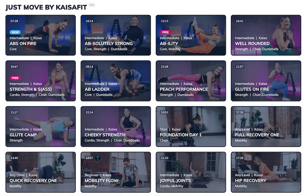 Image shows a library of workout videos on the KaisaFit website, with titles including “STRENGTH & S(ASS),” “PEACH PERFORMANCE,” and “GLUTES ON FIRE.”
