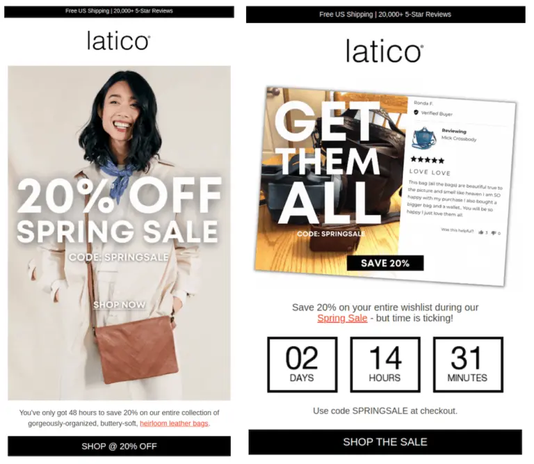 Image shows two email examples from Latico Leathers. The first features a model wearing one of their bags, with “20% off spring sale” and a discount code overlaying the photo. The second features a product shot next to a 5-star review from a customer, with “Get them all” overlaying the product shot.