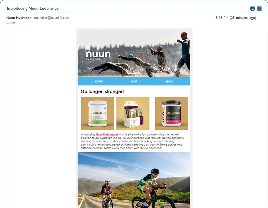 Image shows an email from wellness brand Nuun, with endurance-specific content for a segment of customers who tend to only buy endurance products.