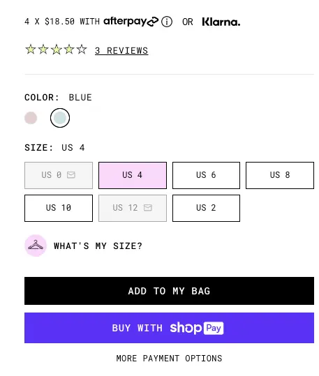 Image shows a screenshot from a product page on the Princess Polly website, which lists sizes as “US” followed by a number.
