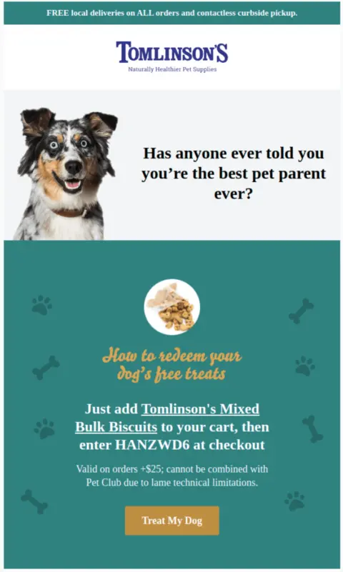 Image shows a pop-up form from pet store Tomlinson’s Feed, asking the reader whether they’re shopping for a dog, a cat, or neither.