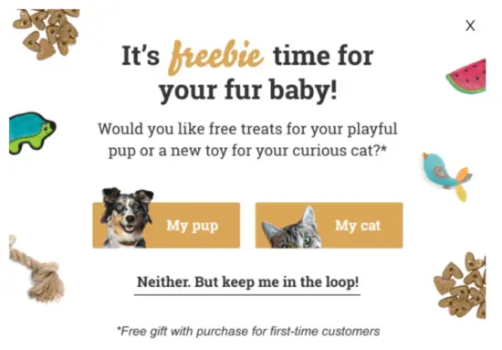 Image shows a pop-up form from pet store Tomlinson’s Feed, asking the reader whether they’re shopping for a dog, a cat, or neither.