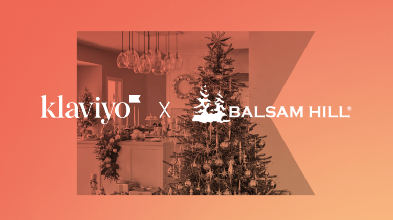 Klaviyo and Balsam Hill logos over image of Christmas tree and decorations