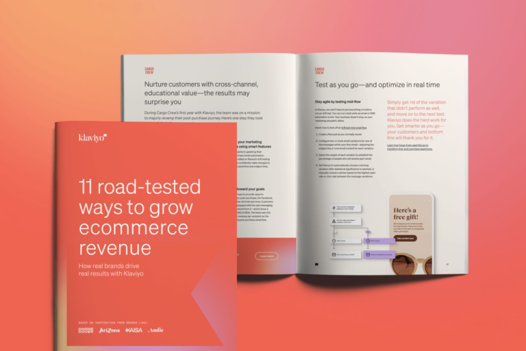 the cover of the 11 road-tested ways to grow ecommerce revenue guide over the guide opened showing the contents inside