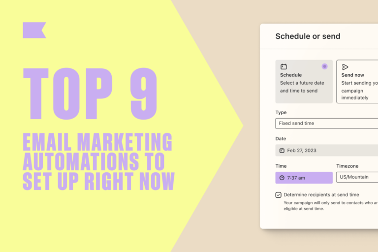 "Top 9 email marketing automations to set up right now" next to snippet of flow automations setup in the platform