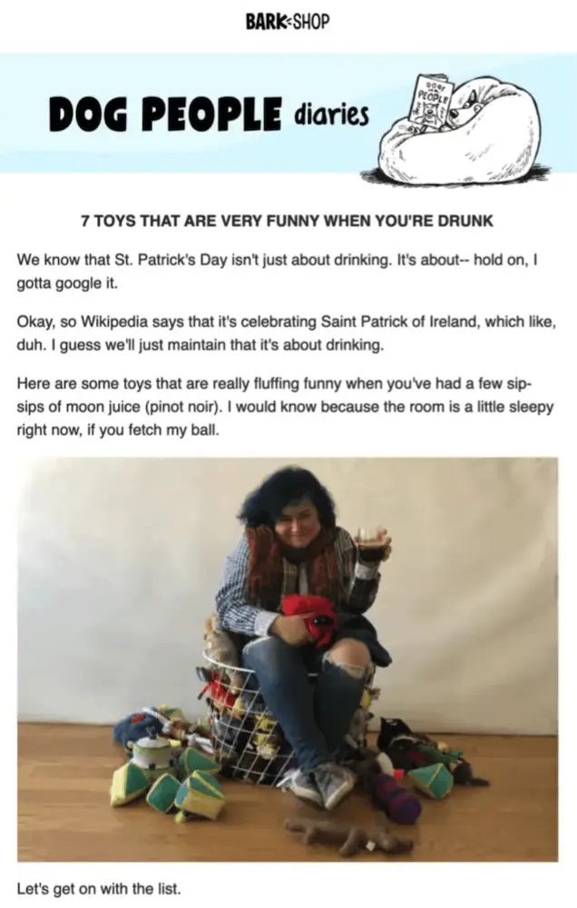 Image shows the top of a St. Patrick’s Day email from BarkShop, titled “Dog people diaries” with an illustration of a dog sunk into a beanbag chair, reading. The headline of the email reads, “7 toys that are very funny when you’re drunk,” with a few paragraphs of a diary entry followed by a photo of the writer sitting on a basket of dog toys, smiling and holding a glass of beer.