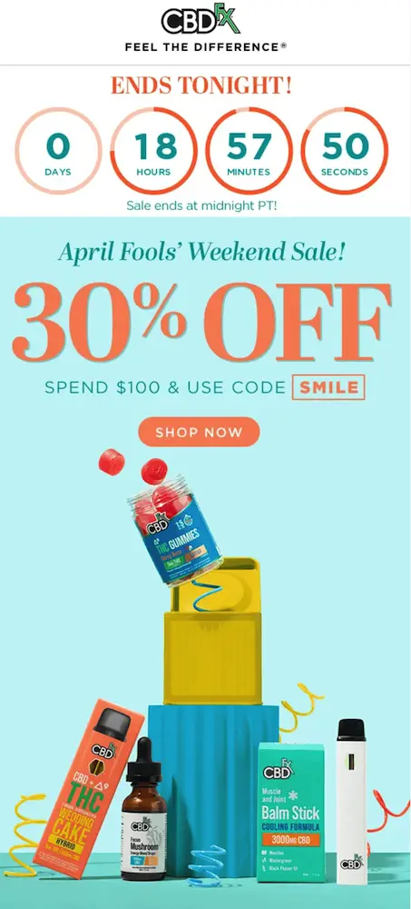 Image shows an email from CBD brand CBDFx, featuring a countdown clock at the top under the headline, “ENDS TONIGHT!” The body of the email contains a product shot on a bright blue background, overlaid with the text, “April Fools’ Weekend Sale! 30% OFF: SPEND $100 & USE CODE SMILE,” followed by a burnt orange CTA button that reas, “SHOP NOW.”
