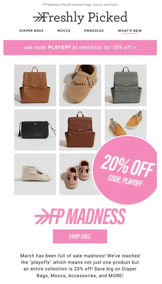 Image shows a March Madness-themed email from Freshly Picked, which begins with eyebrow text that reads, “FP Madness Playoffs between bags, moccs, and more!” Under the brand’s logo and links to product categories is a pink banner that reads, “use code PLAYOFF at checkout for 20% off.” The email body consists of a 9-part photo grid featuring various products, with a large circular pink sticker in the lower right corner that reads, “20% OFF! CODE: PLAYOFF.” Beneath the photos are a pink CTA button that reads, “SHOP SALE.” The email closes with copy that reads, “March has been full of sale madness! We’ve reached the ‘playoffs’ which means not just one product but an entire collection is 20% off! Save big on diaper bags, moccs, accessories, and more!”