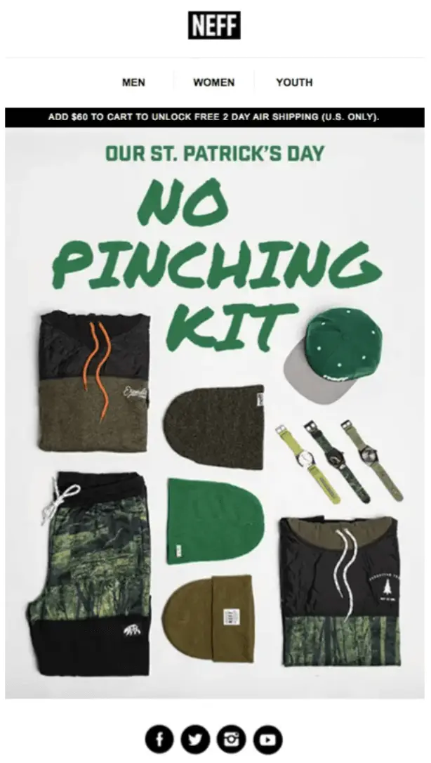 Image shows a St. Patrick’s Day email from headwear brand Neff, with the headline, “Our St. Patrick’s Day No Pinching Kit” in green followed by product shots of several green and grey beanies, items of clothing, and watches.