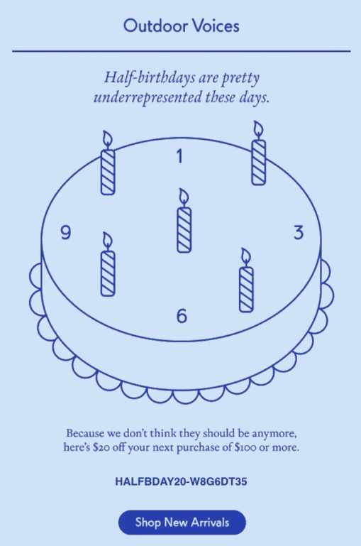 Image shows a half-birthday email from apparel brand Outdoor Voices, featuring a simple outline of a birthday cake with candles under the headline, �“Half-birthdays are pretty underrepresented these days.” In dark blue font on a light blue background, the email copy reads, “Because we don’t think they should be anymore, here’s $20 off your next purchase of $100 or more,” followed by a discount code and a CTA button that reads, “shop new arrivals.”