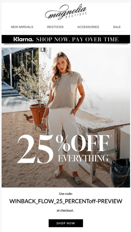 Image shows a winback email from Magnolia Boutique offering a 25% discount.