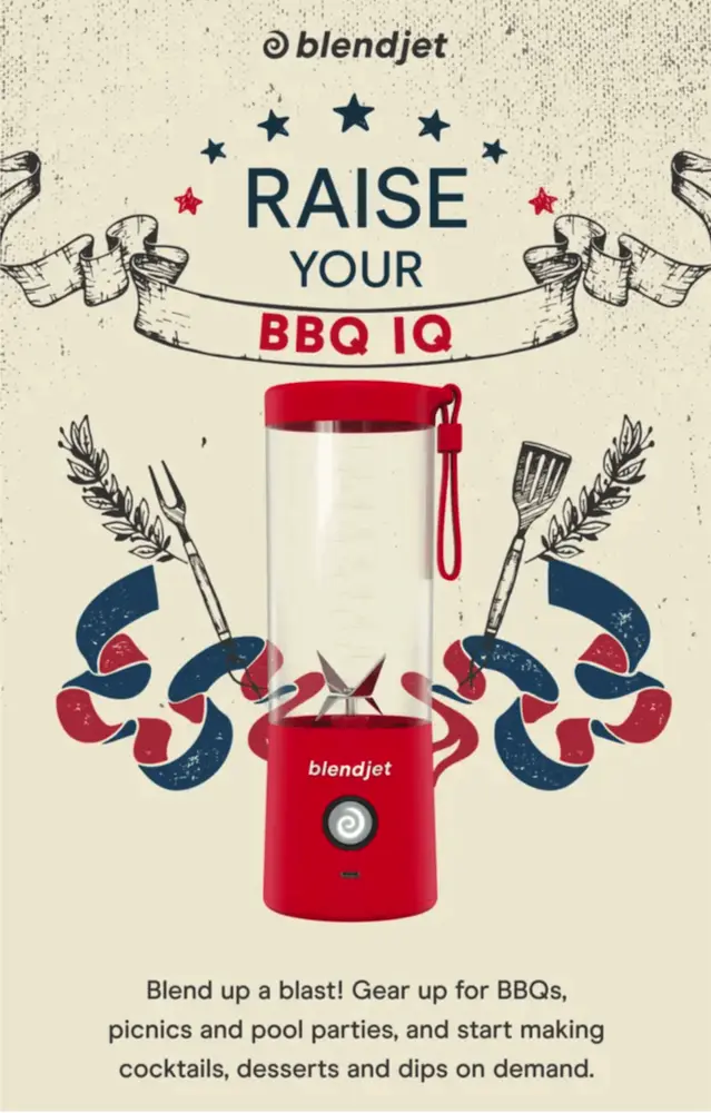 Image shows a Memorial Day email from BlendJet, featuring a photo of their product in red against an illustrated backdrop of red and blue ribbon, barbeque tongs, and a spatula. The headline of the email reads “Raise your BBQ IQ” and the copy, underneath the illustration, reads, “Blend up a blast! Gear up for BBQs, picnics, and pool parties, and start making cocktails, desserts, and dips on demand.”
