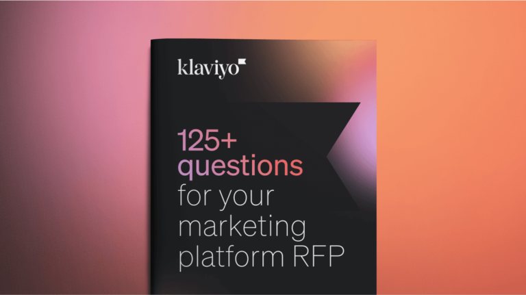 cover of guide with the Klaviyo logo in the top left corner and the title "125+ questions for your marketing platform RFP"