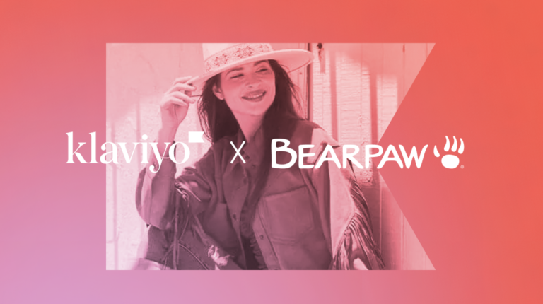 This image shows the logos for companies Klaviyo and Bearpaw, with an image of a woman in Bearpay clothing in the background. The image has a red overlay that matches Klaviyo's brand colors.