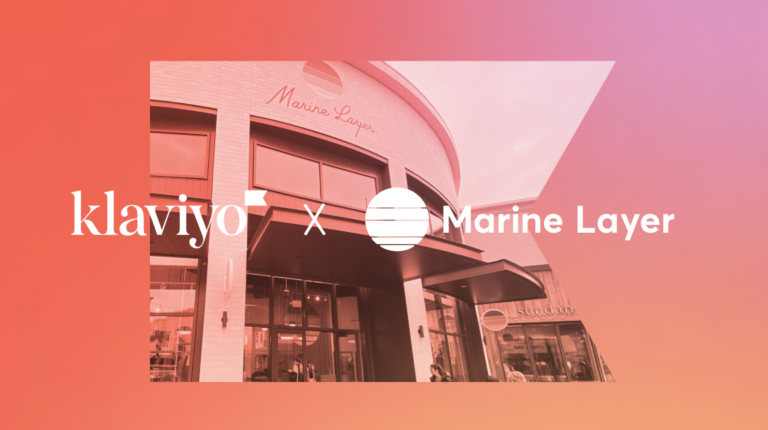This image shows the logos for companies Klaviyo and Marine Layer, with an image of a Marine Layer store in the background. The image has a red overlay that matches Klaviyo's brand colors.
