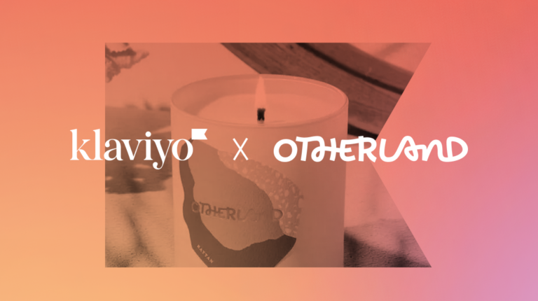This image shows the logos for companies Klaviyo and Otherland, with an image of an Otherland candle in the background. The image has a red overlay that matches Klaviyo's brand colors.