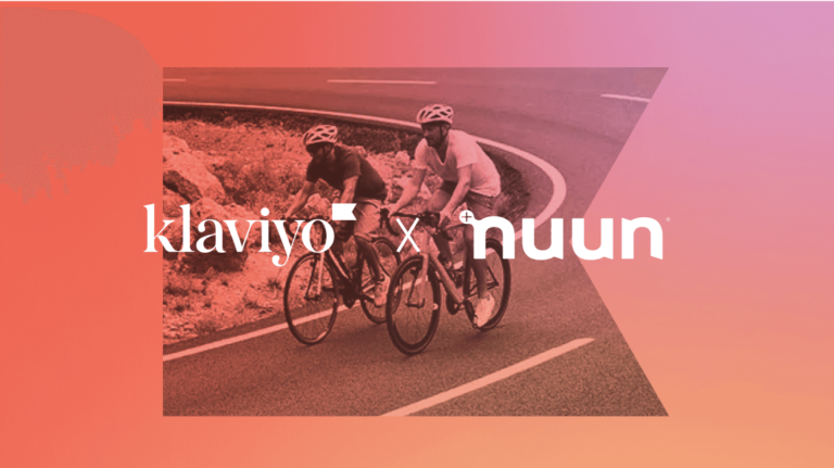 Klaviyo and Nuun logos over image of two people in helmets biking next to each other on a curve in the road