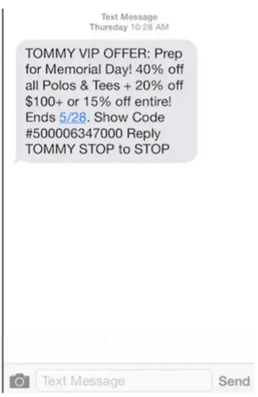 Image shows a Memorial Day text message from Tommy Bahamas, which reads, “Prep for Memorial Day! 40% off all Polos & Tees + 20% off $100+ or 15% off entire! Ends 5/28.”
