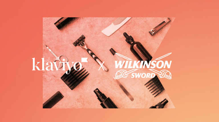 Photograph of a Wilkinson Sword razor and grooming products. Text over the photograph reads "Klaviyo x Wilkinson Sword."