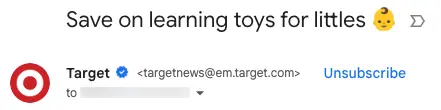 Image shows an example of BIMI from Target, in a Gmail inbox on desktop.