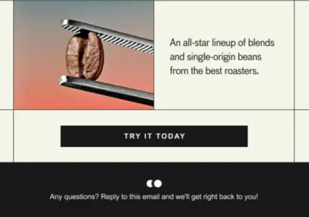 Image shows the final third of a Father’s Day email from coffee brand Cometeer, which completes the “Case for Cometeer” section from the previous image. The final installment here is a close-up illustration of a pair of tweezers holding onto a coffee bean, next to the description, “An all-star lineup of blends and single-origin beans from the best roasters.” The email ends with another CTA button that reads, “try it today.”