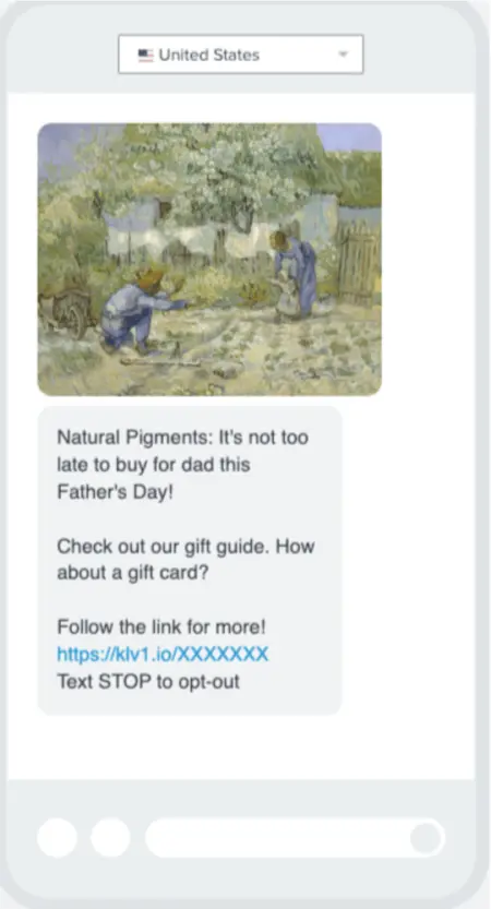 Image shows a Father’s Day marketing text message from art materials brand Natural Pigments, featuring an impressionist-style painting of a father crouching in a garden, holding out his arms to a child, who’s across the way with their mother, learning to walk. The text of the SMS reads, “Natural Pigments: It’s not too late to buy for dad this Father’s Day! Check out our gift guide. How about a gift card? Follow the link for more!”